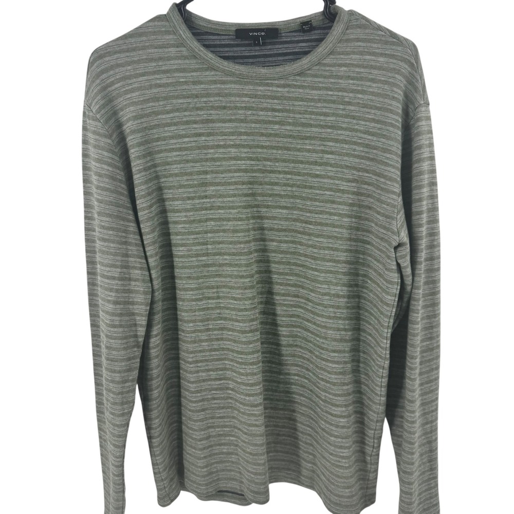 Vince Mens Sage Green Striped Cotton Modal Long Sleeve Crewneck Sweater Small - Picture 2 of 9